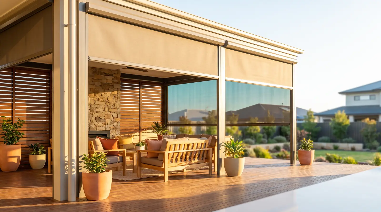 Illustration showing an ageing clear PVC outdoor blind panel next to a newer panel for comparison
