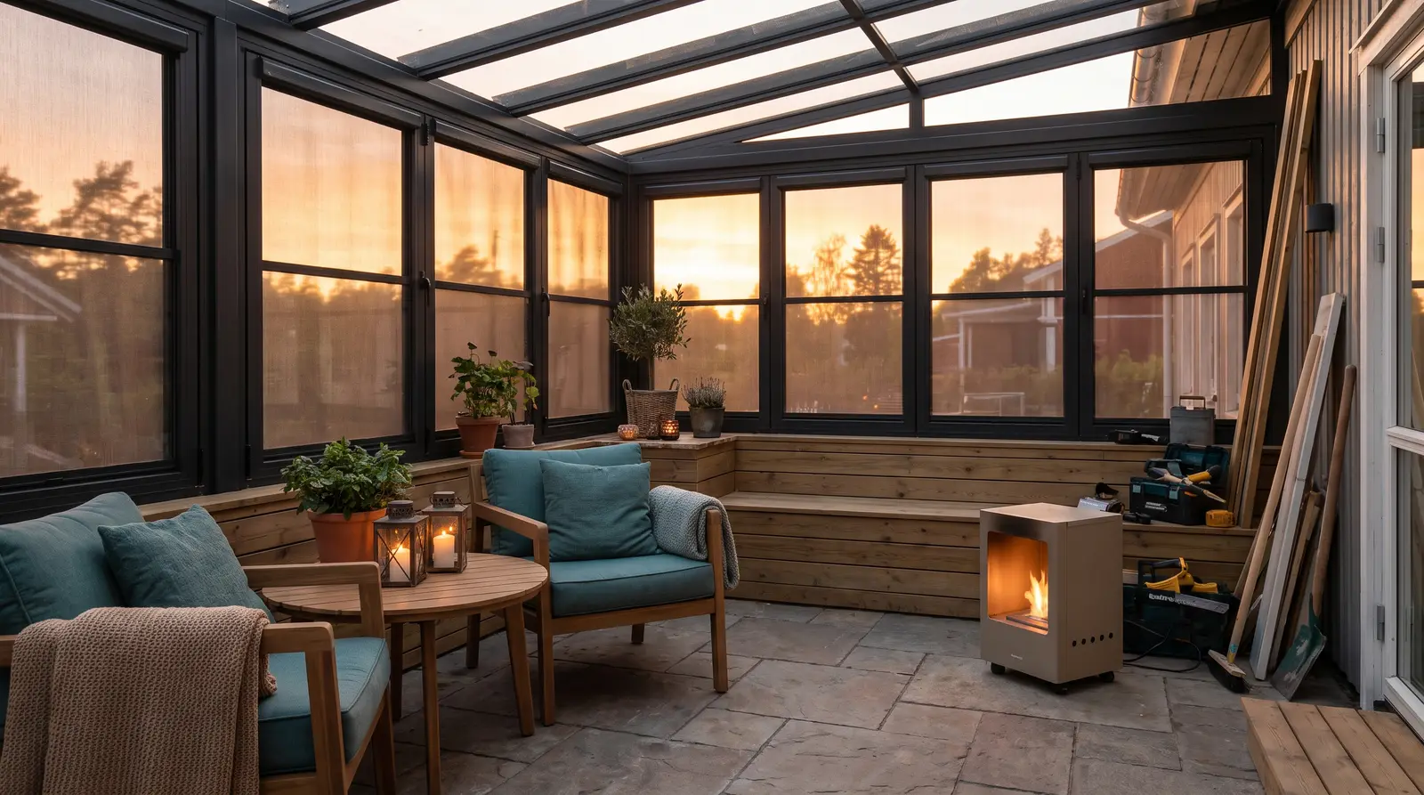 Illustration comparing a clear PVC outdoor blind and a mesh shade blind on an Adelaide alfresco