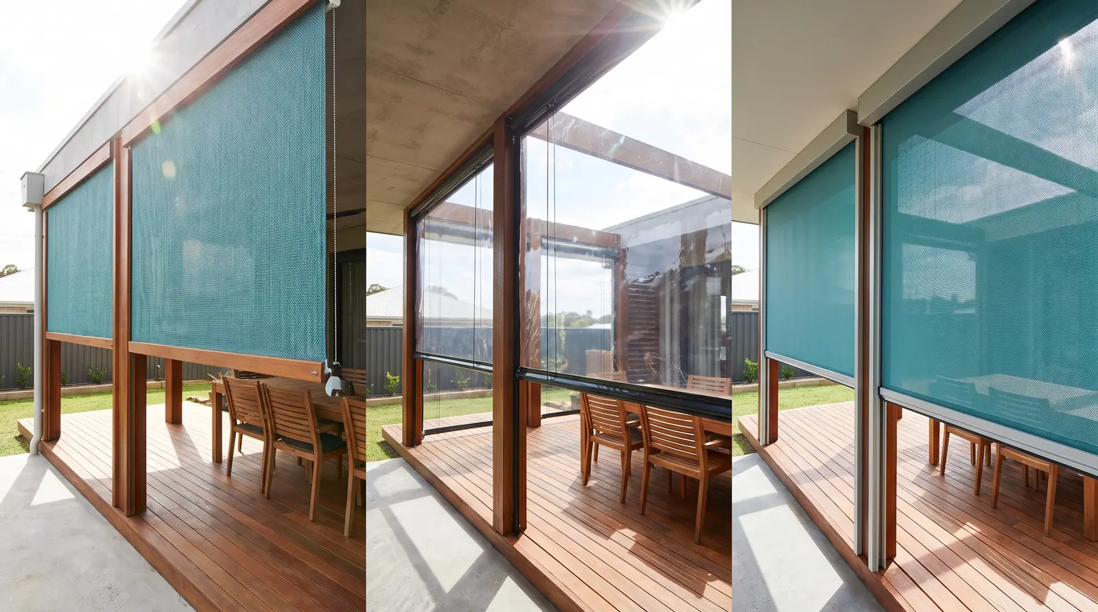 Illustration of a clear PVC outdoor blind keeping the garden view visible from an enclosed Adelaide alfresco