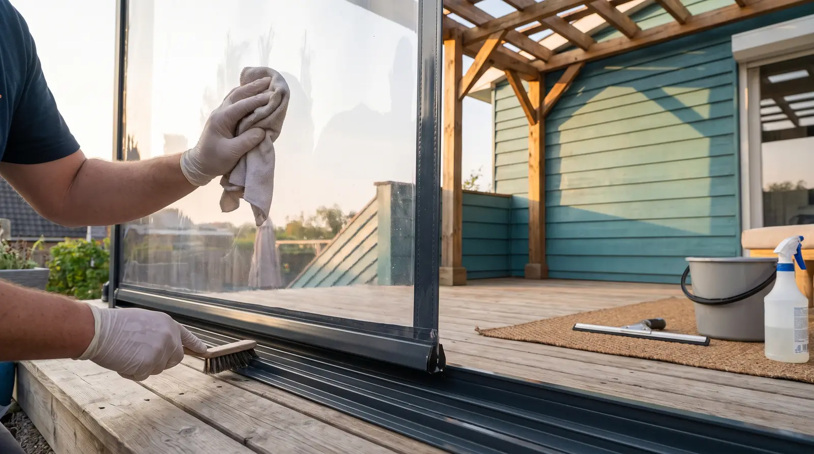 Illustration comparing an aged outdoor blind alongside a newly installed replacement on the same alfresco